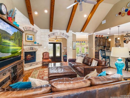 Fireplace, Interior, Kitchen, Living room, Pendant Lights, Recessed Lighting, Stone Walls, Wooden Beams, Wood Texture Flooring