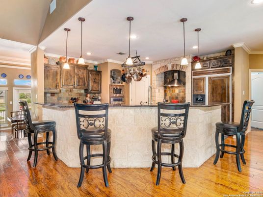 Interior, Kitchen, Pendant Lights, Recessed Lighting, Stone Walls, Wood Texture Flooring