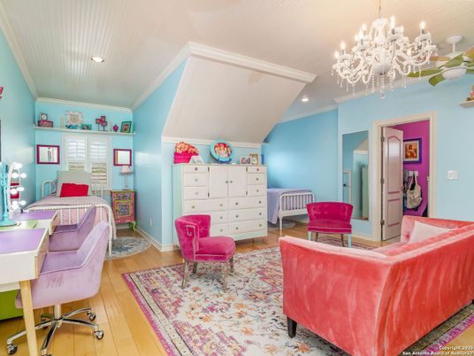 Bedroom, Chandelier, Interior, Recessed Lighting, Wood Texture Flooring