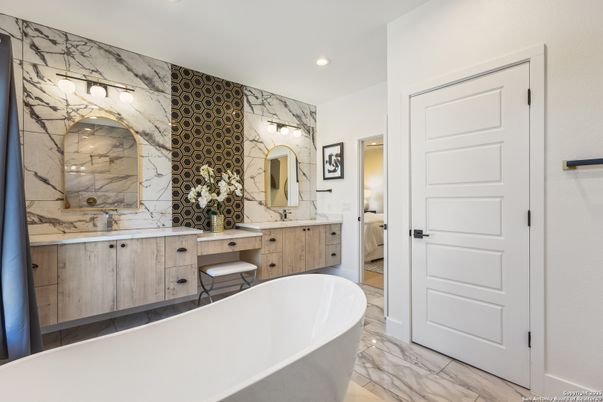 Bathroom, Dual Sink Vanities, Free Standing Baths, Interior, Marble, Marble Walls, Recessed Lighting