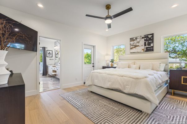 Bedroom, Interior, Recessed Lighting, Wood Texture Flooring