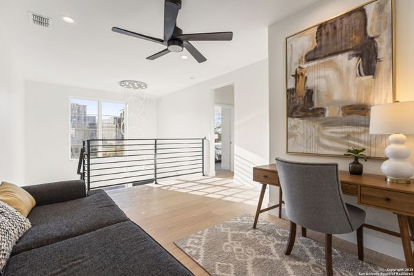Chandelier, Home Office, Interior, Recessed Lighting, Wood Texture Flooring
