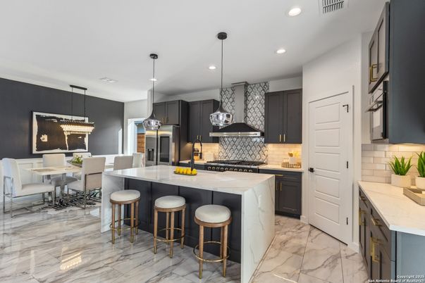 Dining room, Interior, Kitchen, Marble, Pendant Lights, Recessed Lighting, Stainless Steel Appliances