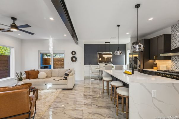 Dining room, Interior, Kitchen, Living room, Marble, Pendant Lights, Recessed Lighting