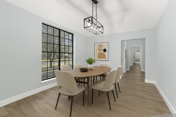 Dining room, Interior, Pendant Lights, Wood Texture Flooring