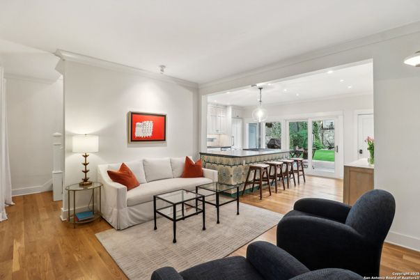 Dining room, Interior, Living room, Pendant Lights, Recessed Lighting, Wood Texture Flooring
