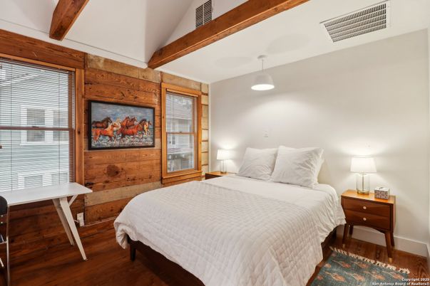 Bedroom, Interior, Pendant Lights, Wooden Beams, Wood Texture Flooring, Wooden Walls