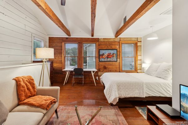 Bedroom, Interior, Pendant Lights, Wooden Beams, Wood Texture Flooring