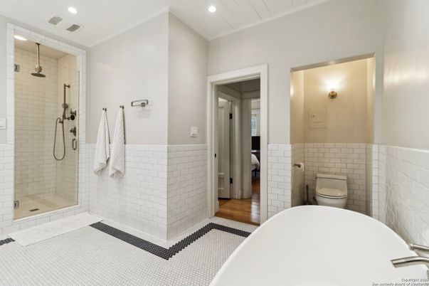 Bathroom, Glass Shower, Interior, Recessed Lighting, Wood Texture Flooring