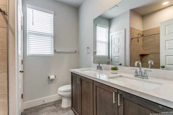 Bathroom, Dual Sink Vanities, Interior, Recessed Lighting, Wood Texture Flooring