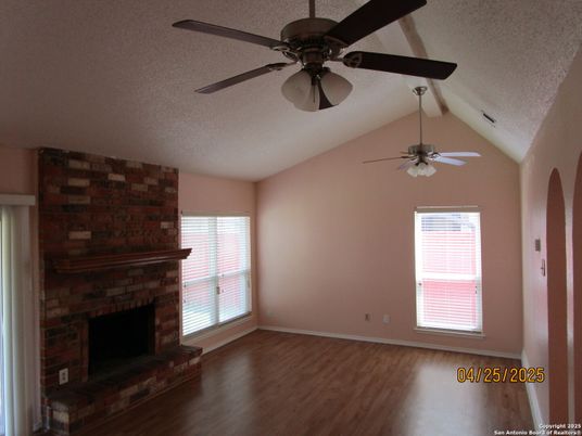 Empty room, Fireplace, Interior, Stone Walls, Wood Texture Flooring