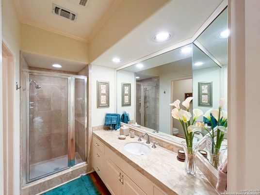 Bathroom, Glass Shower, Interior, Recessed Lighting, Tile Countertops