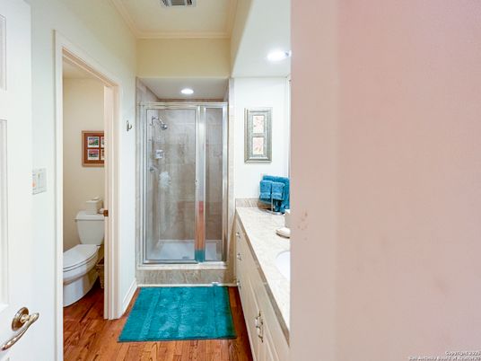 Bathroom, Glass Shower, Interior, Recessed Lighting, Wood Texture Flooring