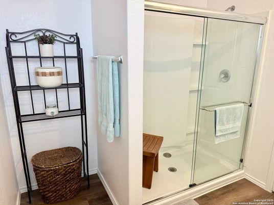 Bathroom, Glass Shower, Interior, Wood Texture Flooring