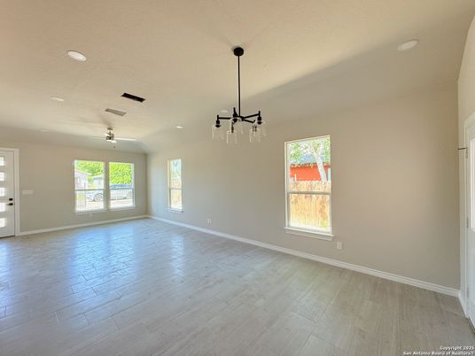 Empty room, Interior, Pendant Lights, Recessed Lighting, Wood Texture Flooring