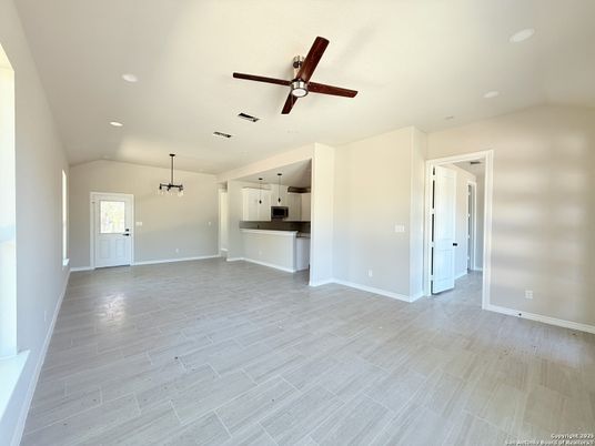 Empty room, Interior, Kitchen, Pendant Lights, Recessed Lighting, Wood Texture Flooring