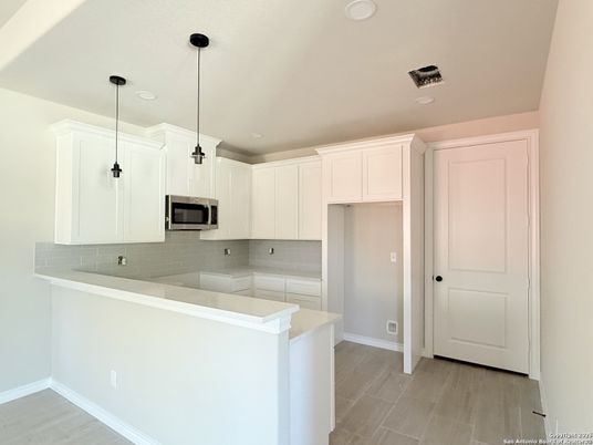 Interior, Kitchen, Pendant Lights, Recessed Lighting, Wood Texture Flooring