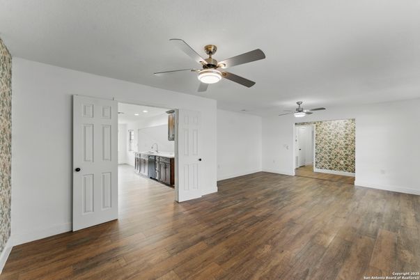 Empty room, Interior, Kitchen, Recessed Lighting, Wood Texture Flooring
