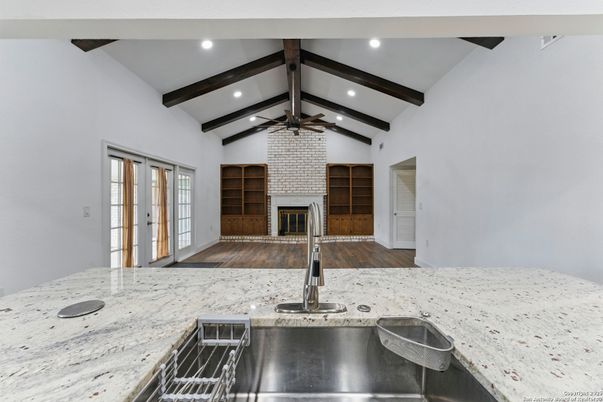Fireplace, Interior, Recessed Lighting, Stone Walls, Wooden Beams, Wood Texture Flooring