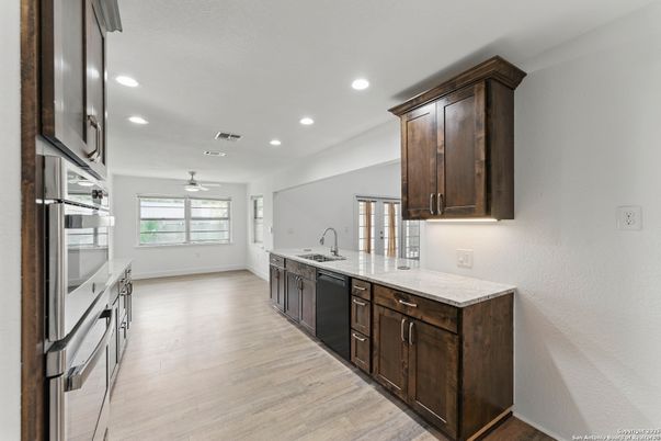 Interior, Kitchen, Recessed Lighting, Wood Texture Flooring