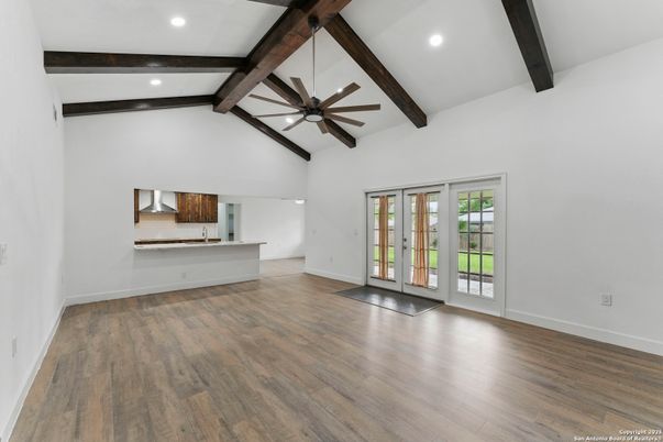 Empty room, Interior, Recessed Lighting, Wooden Beams, Wood Texture Flooring
