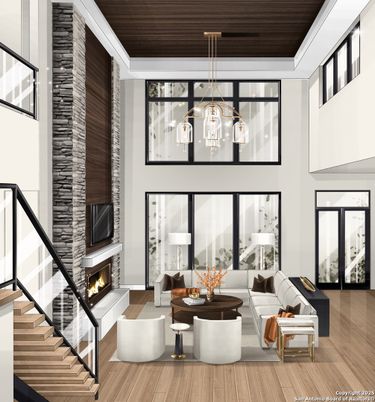 Fireplace, Interior, Living room, Pendant Lights, Wooden Ceilings, Wood Texture Flooring