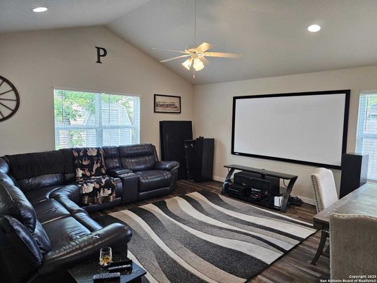 Interior, Projection Screen, Recessed Lighting, Theatre Room, Wood Texture Flooring