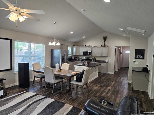 Dining room, Interior, Kitchen, Pendant Lights, Recessed Lighting, Stainless Steel Appliances, Wood Texture Flooring