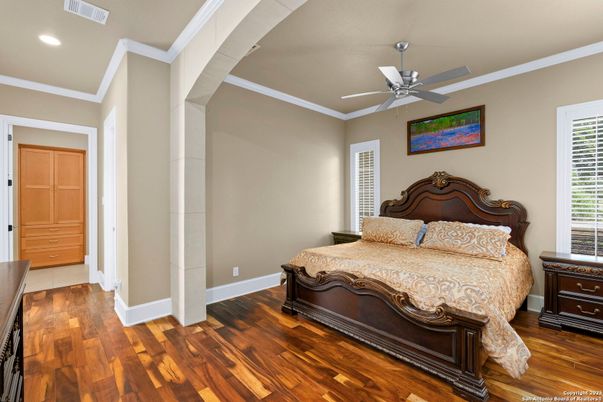 Bedroom, Interior, Recessed Lighting, Wood Texture Flooring