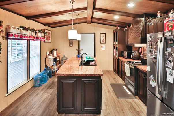 Interior, Kitchen, Pendant Lights, Recessed Lighting, Wooden Beams, Wooden Ceilings, Wood Texture Flooring