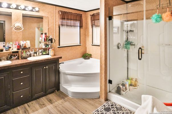 Bathroom, Dual Sink Vanities, Glass Shower, Interior, Wood Texture Flooring
