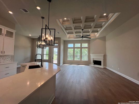 Fireplace, Interior, Kitchen, Pendant Lights, Recessed Lighting, Wood Texture Flooring