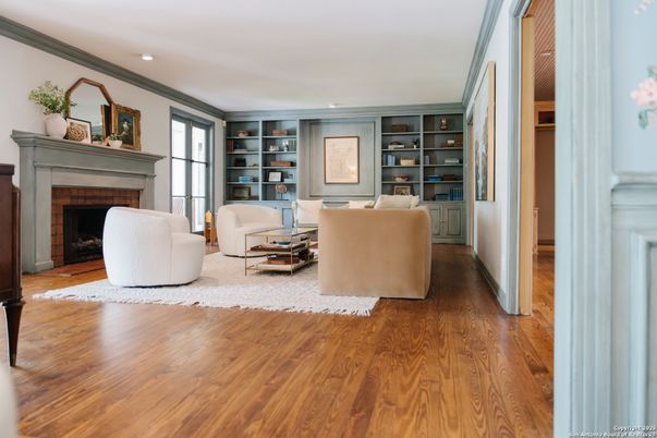 Fireplace, Interior, Living room, Recessed Lighting, Wood Texture Flooring