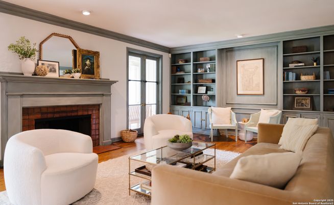 Fireplace, Interior, Living room, Recessed Lighting, Wood Texture Flooring