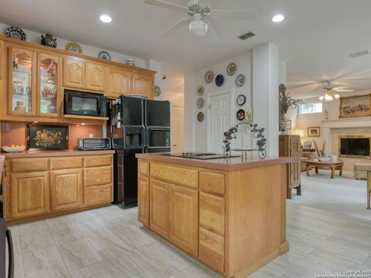 Fireplace, Interior, Kitchen, Recessed Lighting, Wood Texture Flooring