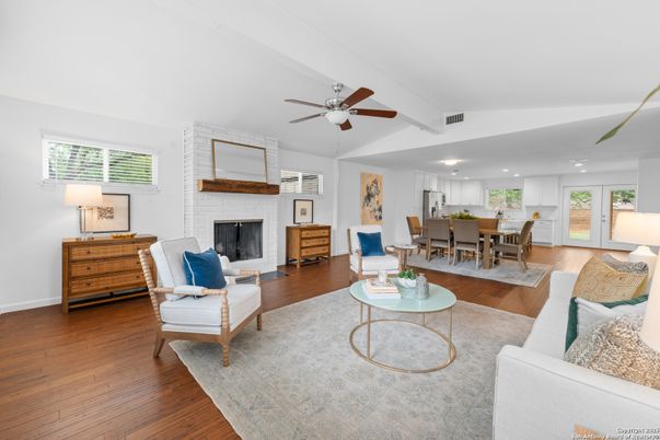 Dining room, Fireplace, Interior, Kitchen, Living room, Recessed Lighting, Stone Walls, Wood Texture Flooring