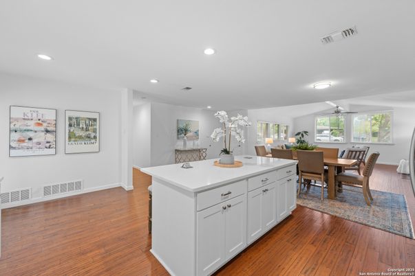 Dining room, Interior, Recessed Lighting, Wood Texture Flooring