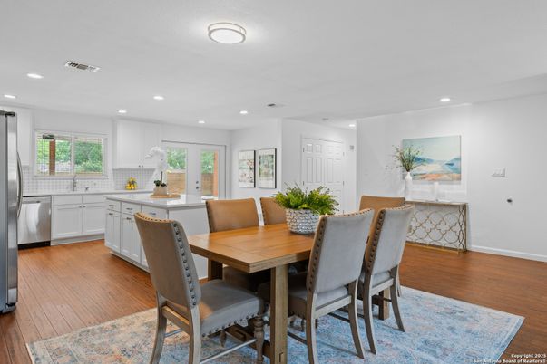 Dining room, Interior, Kitchen, Recessed Lighting, Wood Texture Flooring