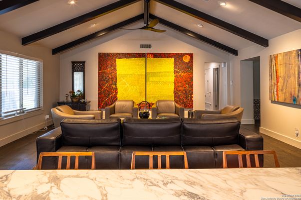 Dining room, Interior, Living room, Recessed Lighting, Wooden Beams