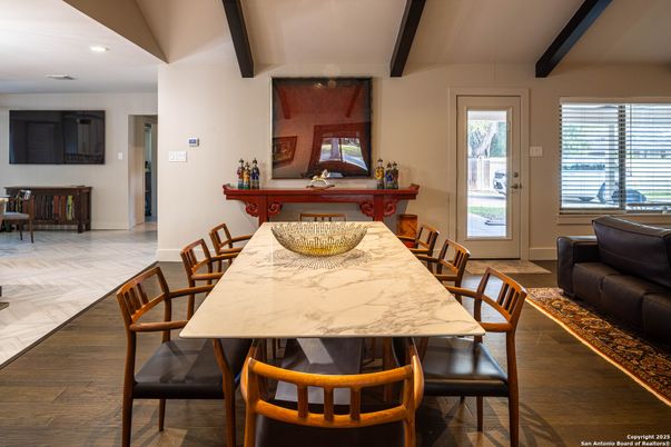 Dining room, Interior, Recessed Lighting, Wood Texture Flooring