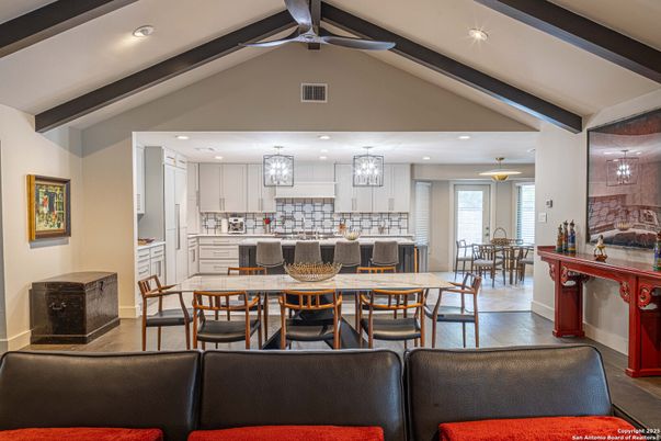 Dining room, Interior, Kitchen, Pendant Lights, Recessed Lighting, Wood Texture Flooring