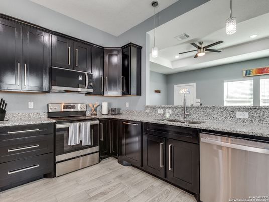 Interior, Kitchen, Pendant Lights, Recessed Lighting, Stainless Steel Appliances, Wood Texture Flooring