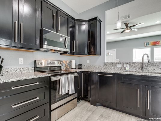 Interior, Kitchen, Pendant Lights, Recessed Lighting, Stainless Steel Appliances, Wood Texture Flooring