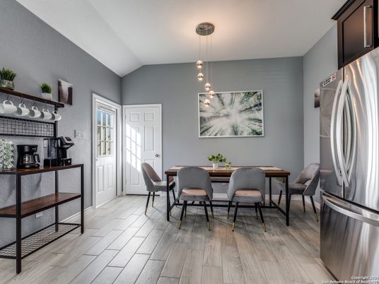 Dining room, Interior, Pendant Lights, Wood Texture Flooring