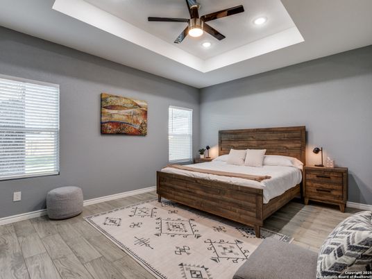 Bedroom, Interior, Recessed Lighting, Wood Texture Flooring