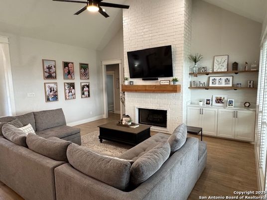 Fireplace, Interior, Living room, Stone Walls, Wood Texture Flooring