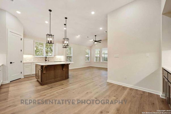 Interior, Kitchen, Pendant Lights, Recessed Lighting, Wood Texture Flooring