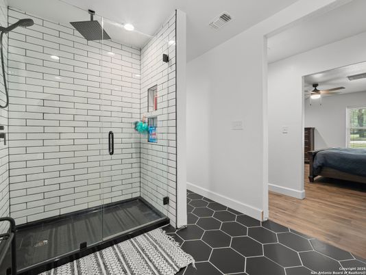 Bathroom, Bedroom, Glass Shower, Interior, Recessed Lighting, Wood Texture Flooring