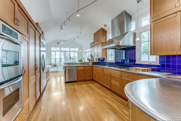 Interior, Kitchen, Pendant Lights, Stainless Steel Appliances, Wood Texture Flooring
