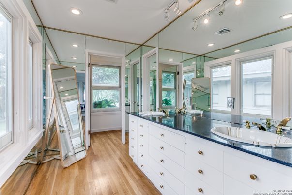 Bathroom, Dual Sink Vanities, Interior, Recessed Lighting, Wood Texture Flooring